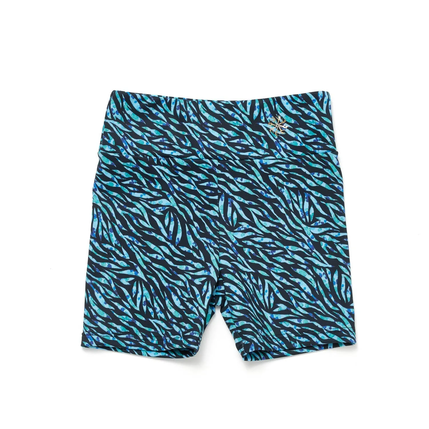 Nicole: Midi Length Bike Shorts in Blue Dappled Tiger Print