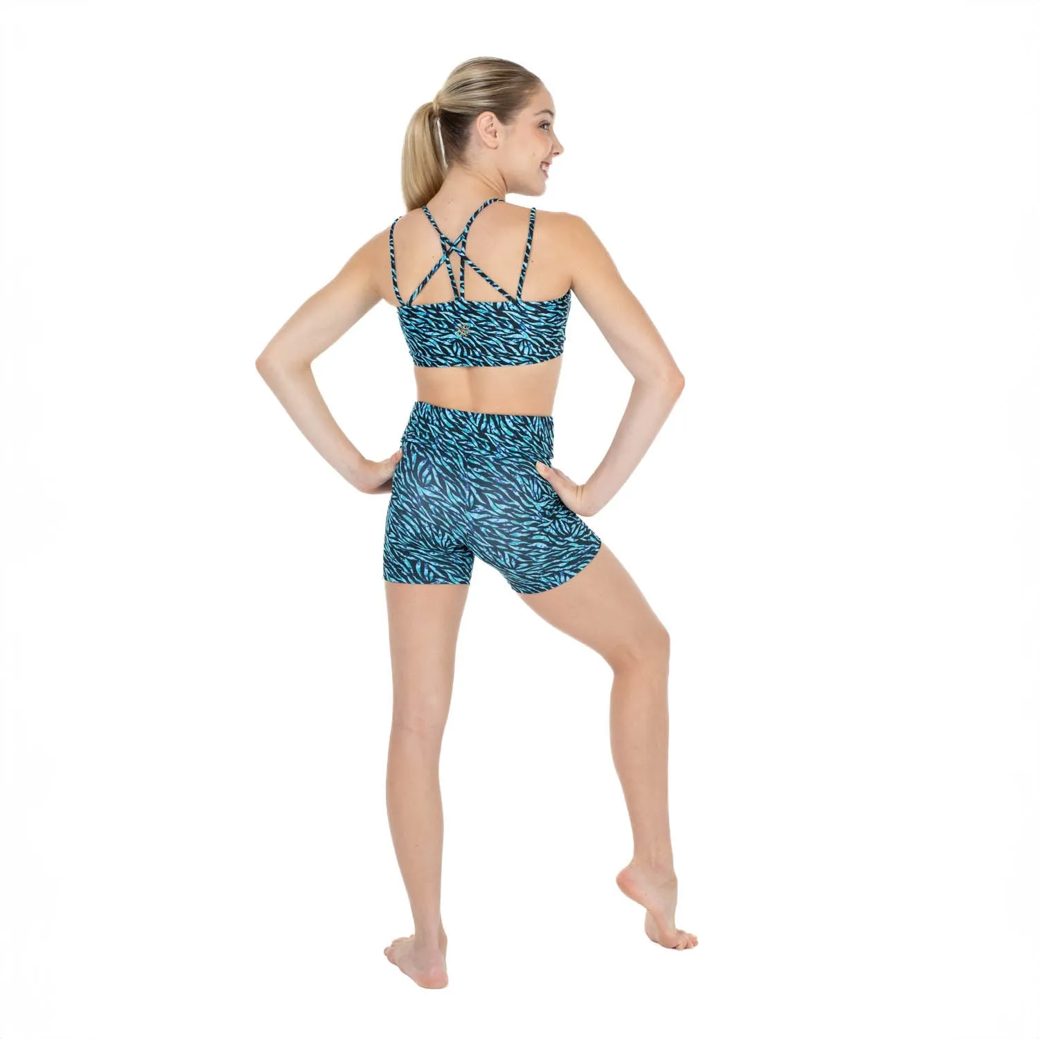 Nicole: Midi Length Bike Shorts in Blue Dappled Tiger Print