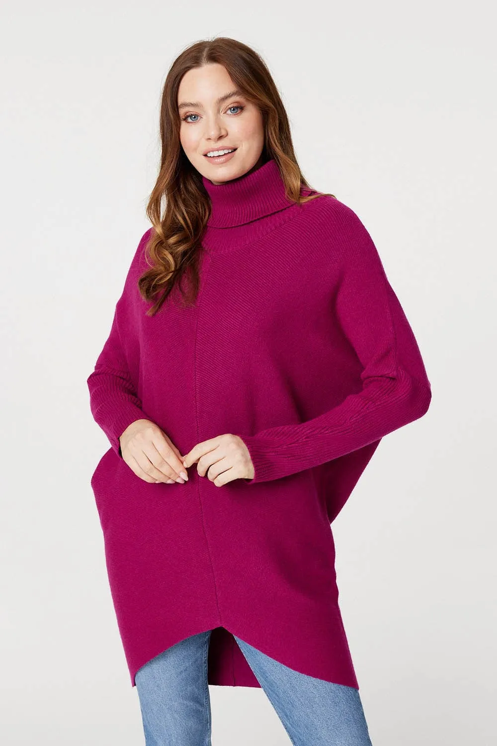 Roll Neck Longline Knit Pullover