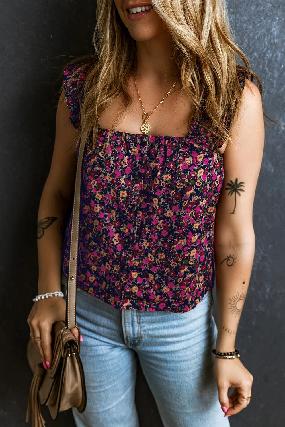 Rose Boho Frilled Straps Floral Tank Top