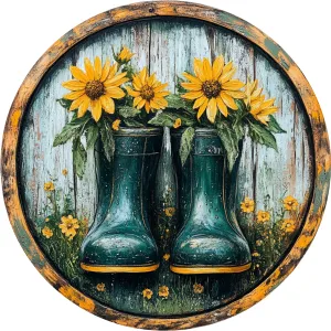 Rustic Rain Boots and Daisies Metal Wreath Sign (Choose Size)