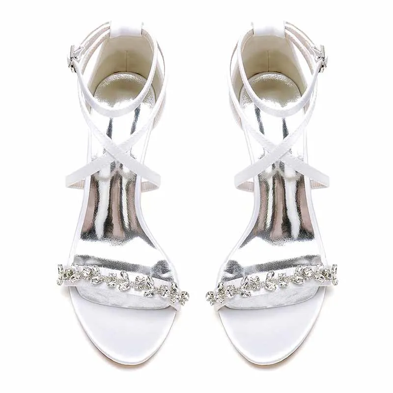 Satin Bridal Wedding Shoes Rhinestones High Heels Buckle Chunky Heels Ankle Strap Pointy Toe Pumps