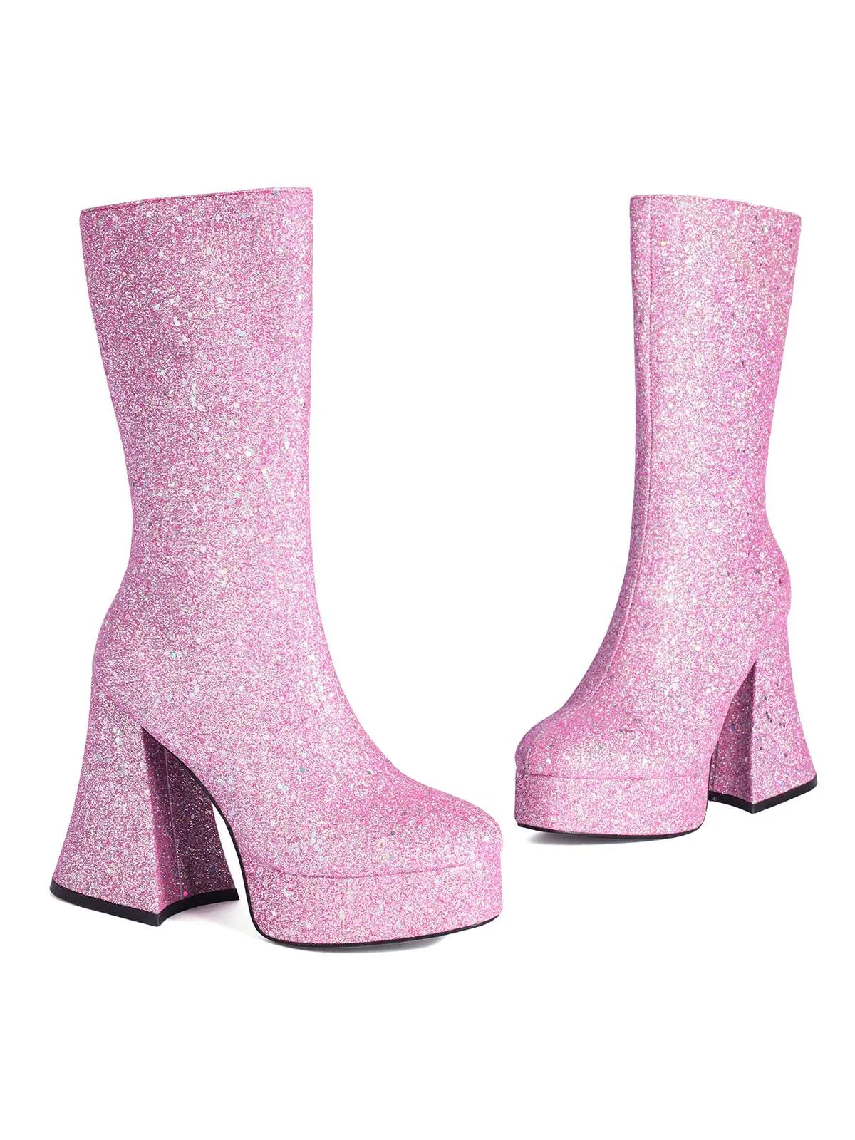 Square Toe Sequined Chunky Heel Mid-Calf Boots