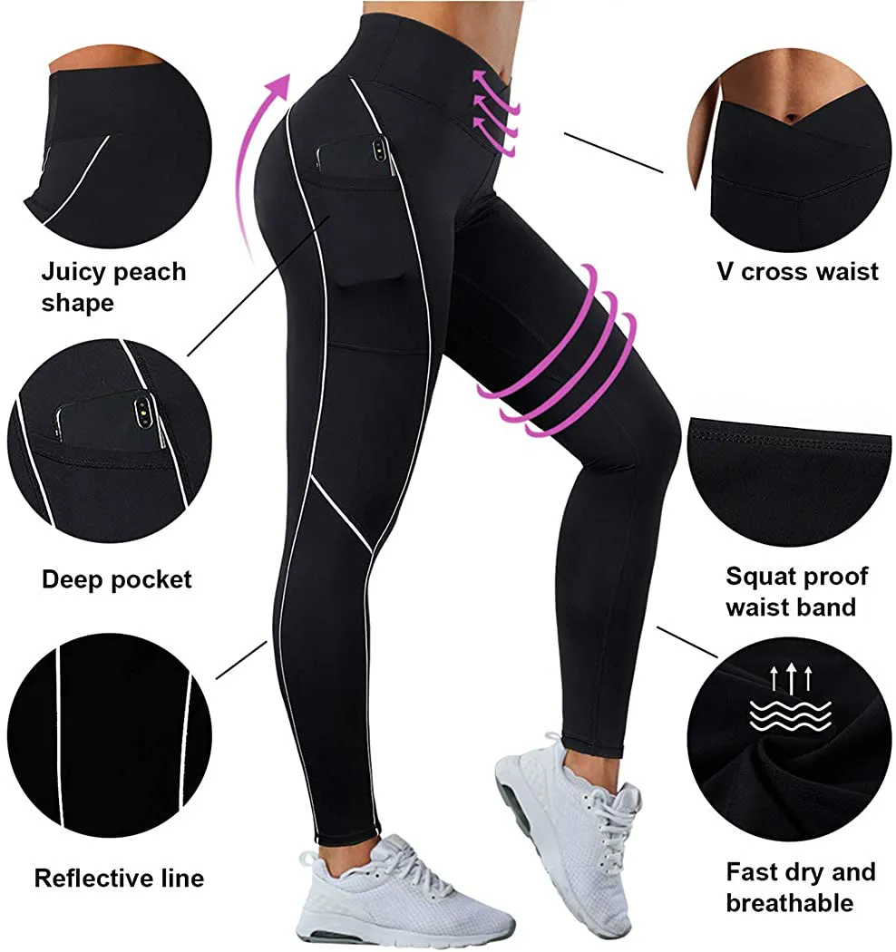 SUUKSESS Women Reflective High Waisted Running Leggings with Pockets Yoga Pants