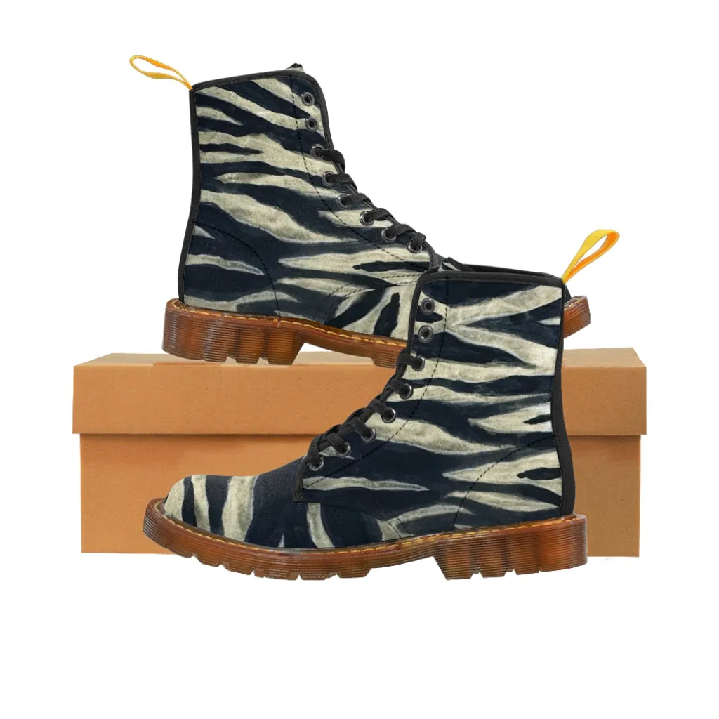 Tiger Stripe Women's Canvas Boots, Animal Print Black Hiking Laced Up Boots For Women (US Size 6.5-11)