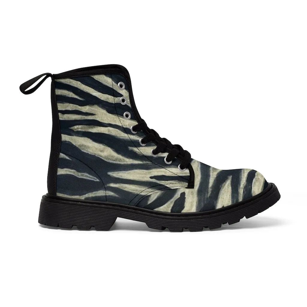 Tiger Stripe Women's Canvas Boots, Animal Print Black Hiking Laced Up Boots For Women (US Size 6.5-11)