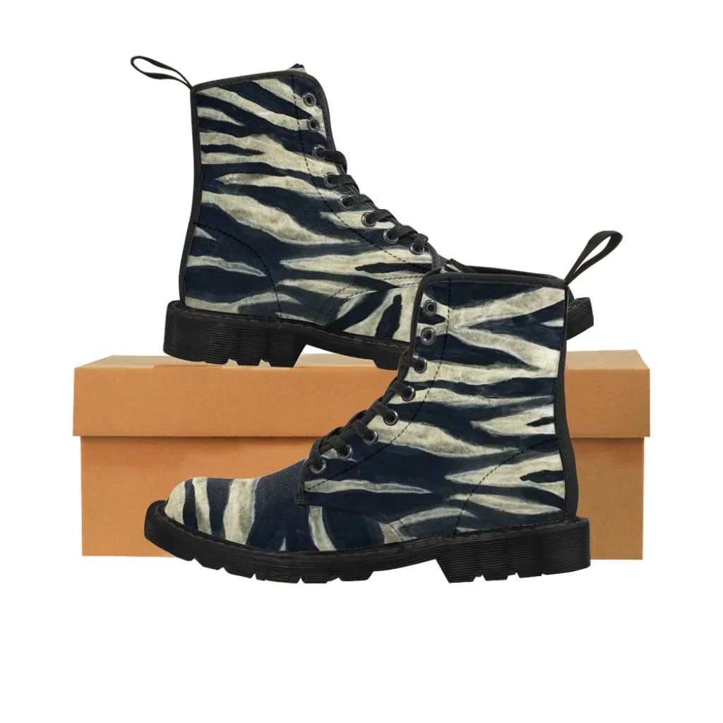 Tiger Stripe Women's Canvas Boots, Animal Print Black Hiking Laced Up Boots For Women (US Size 6.5-11)