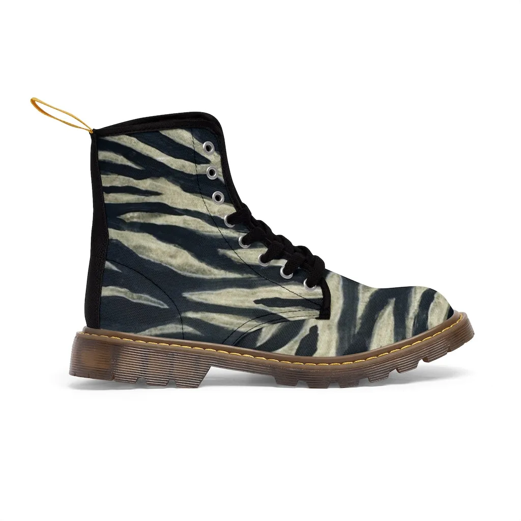 Tiger Stripe Women's Canvas Boots, Animal Print Black Hiking Laced Up Boots For Women (US Size 6.5-11)