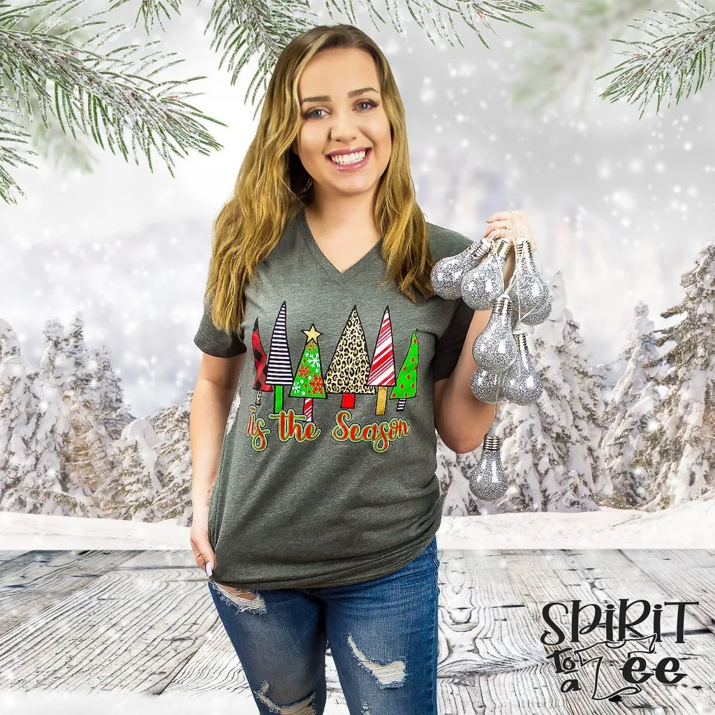 Tis the Season Christmas Trees on Bella Canvas V-Neck Tee