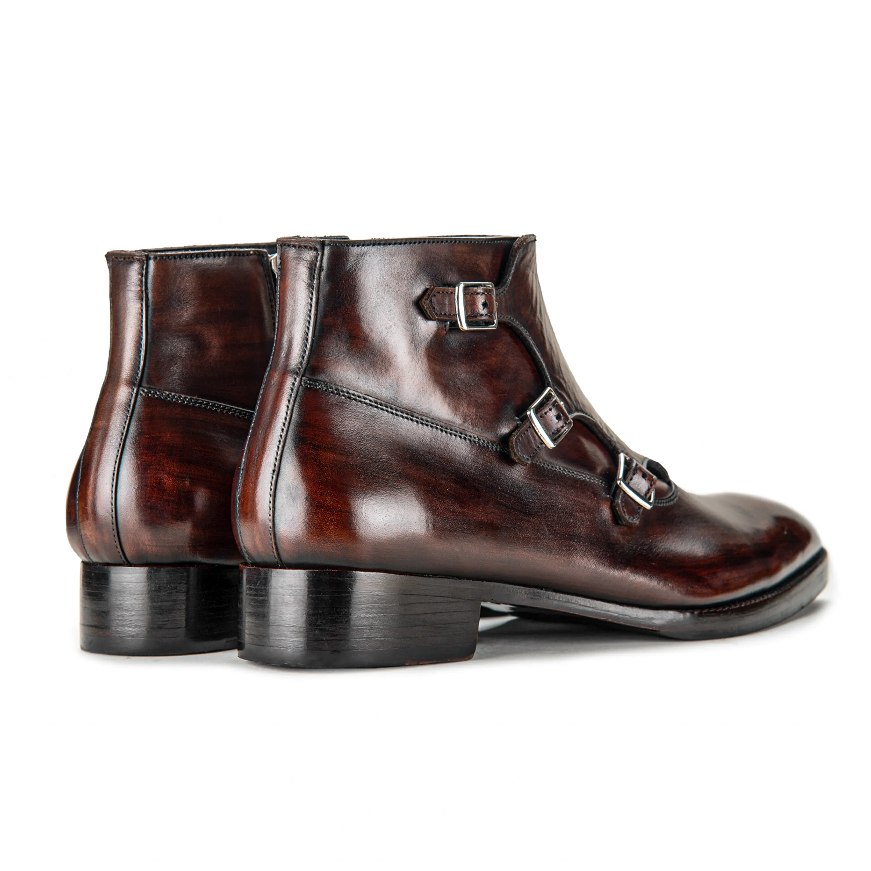 Triple Monk Strap Zipper Boots - Dark Brown