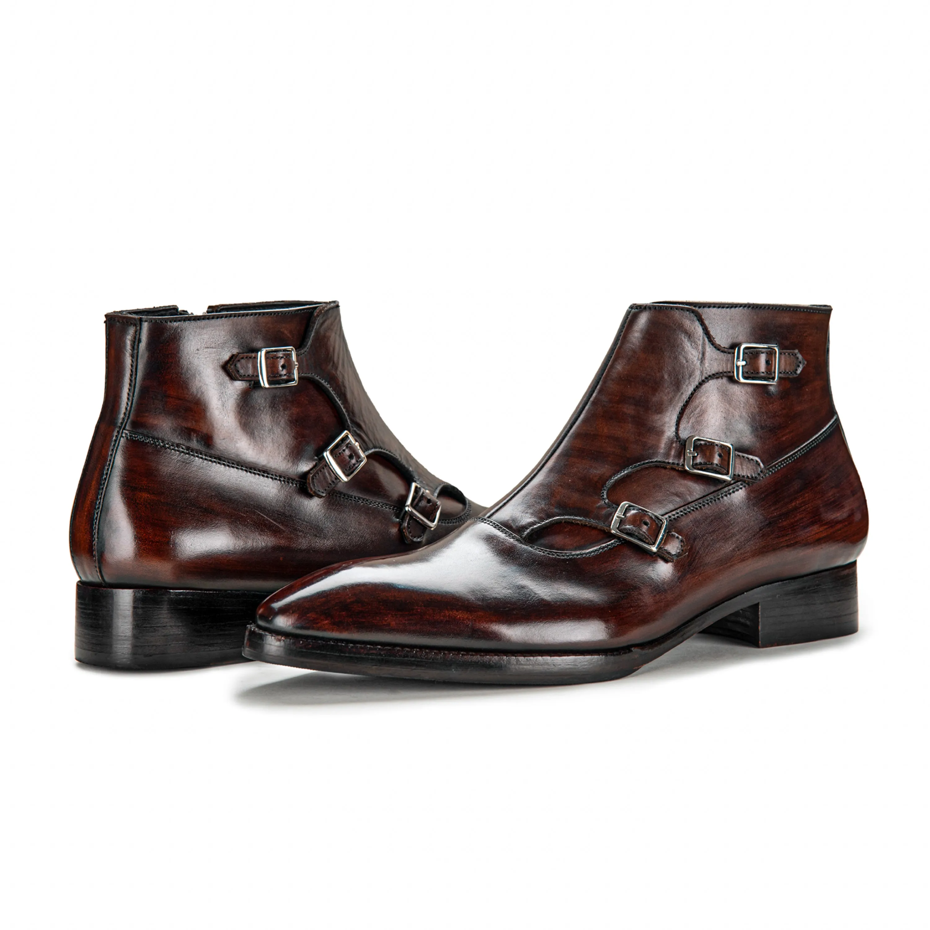 Triple Monk Strap Zipper Boots - Dark Brown