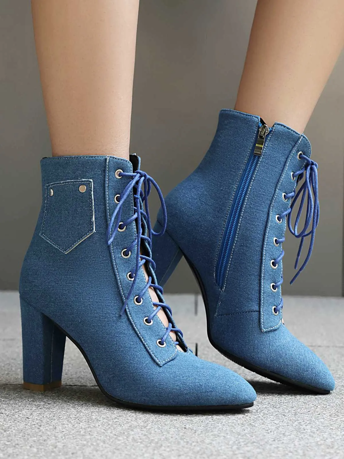 Vintage Denim Lace-Up High Heel Boots