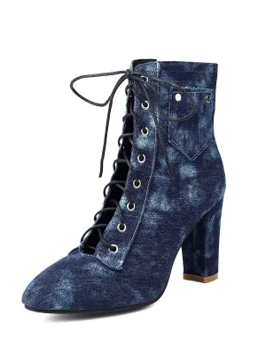 Vintage Denim Lace-Up High Heel Boots