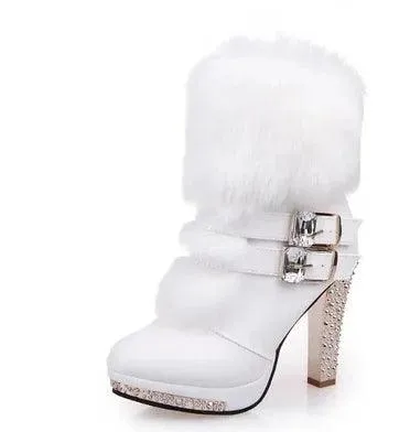 Warm and High Quality White Pu Leather High Heel Boots