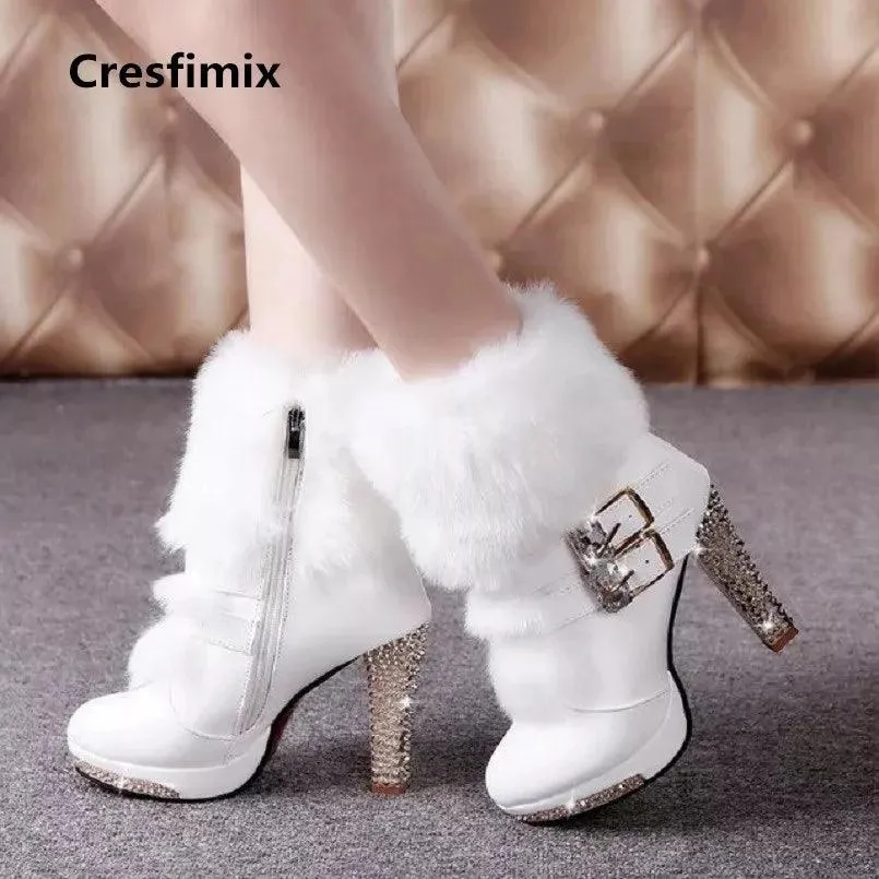 Warm and High Quality White Pu Leather High Heel Boots