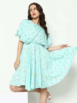 Women's Sea Green Printed Fit and Flare Dress