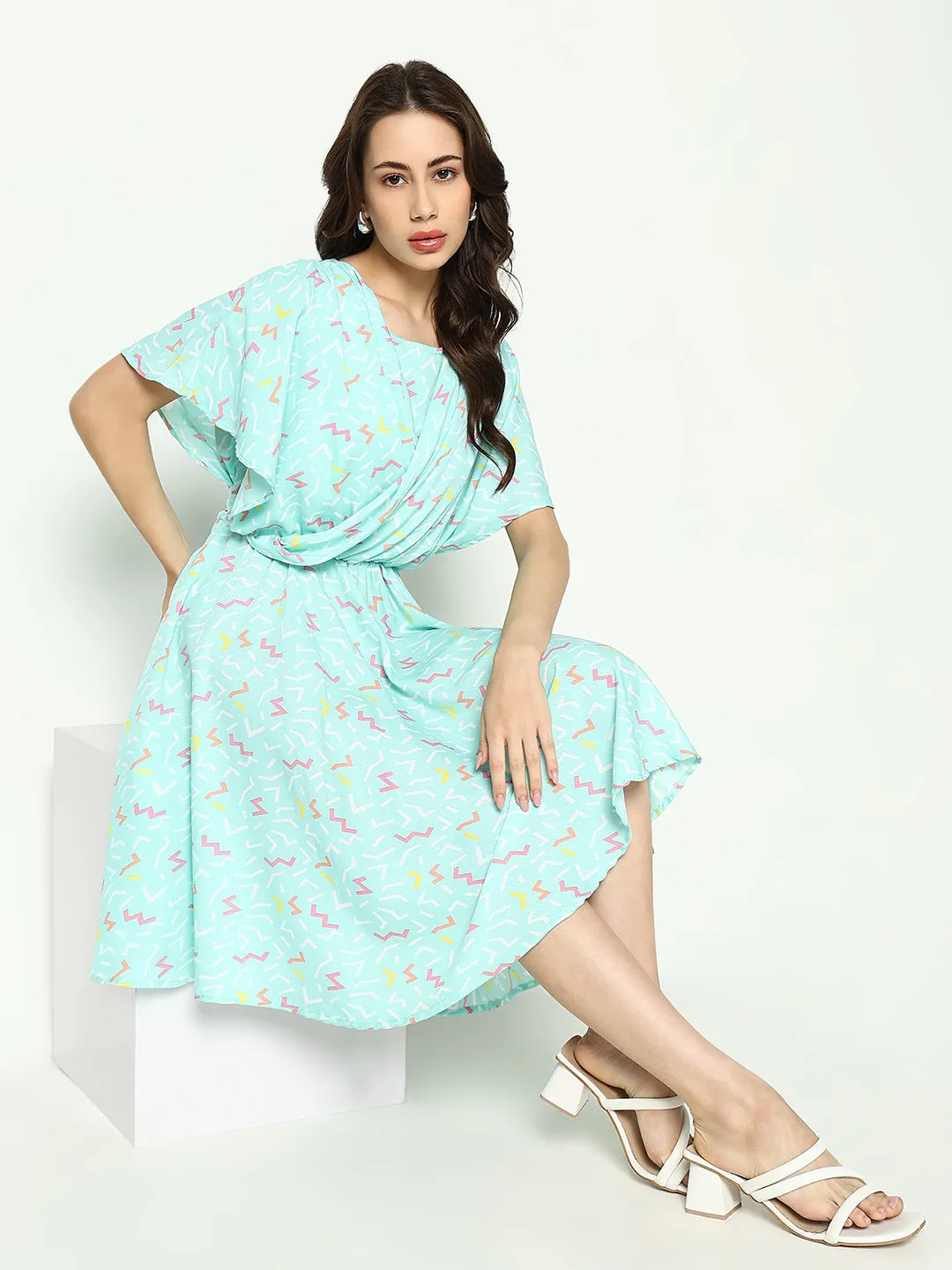 Women's Sea Green Printed Fit and Flare Dress