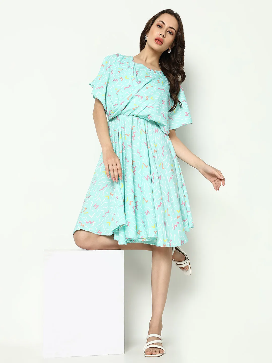 Women's Sea Green Printed Fit and Flare Dress