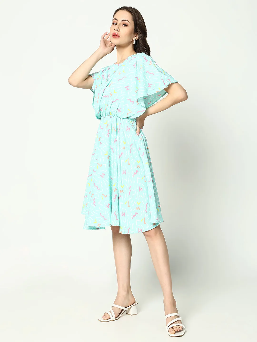 Women's Sea Green Printed Fit and Flare Dress