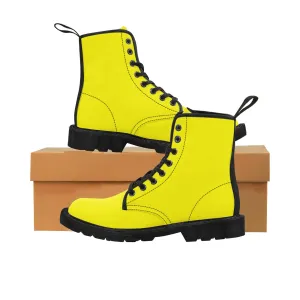 Yellow Men's Boots, Bright Lemon Solid Color Print Men's Hiking Winter Laced Up Boots